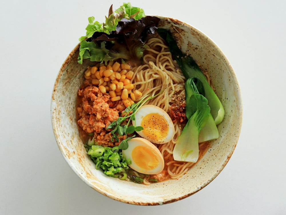 A bowl of spicy tonkotsu ramen at Mr. Noodle Café