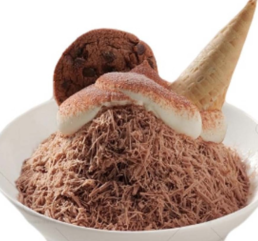 Chocolate shaved ice topped with a cookie and a wafer in a white bowl